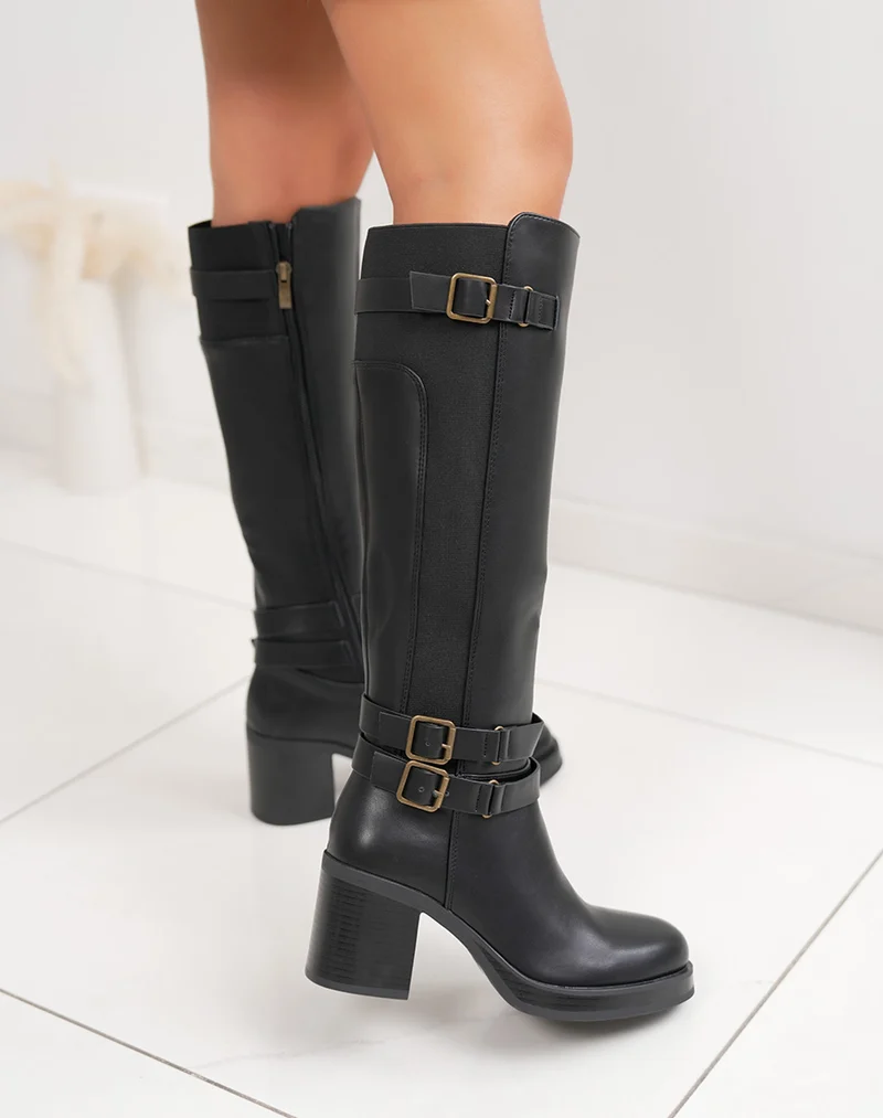 Bottes femme noires fourrées à talon épais, avec boucles dorées et élastique