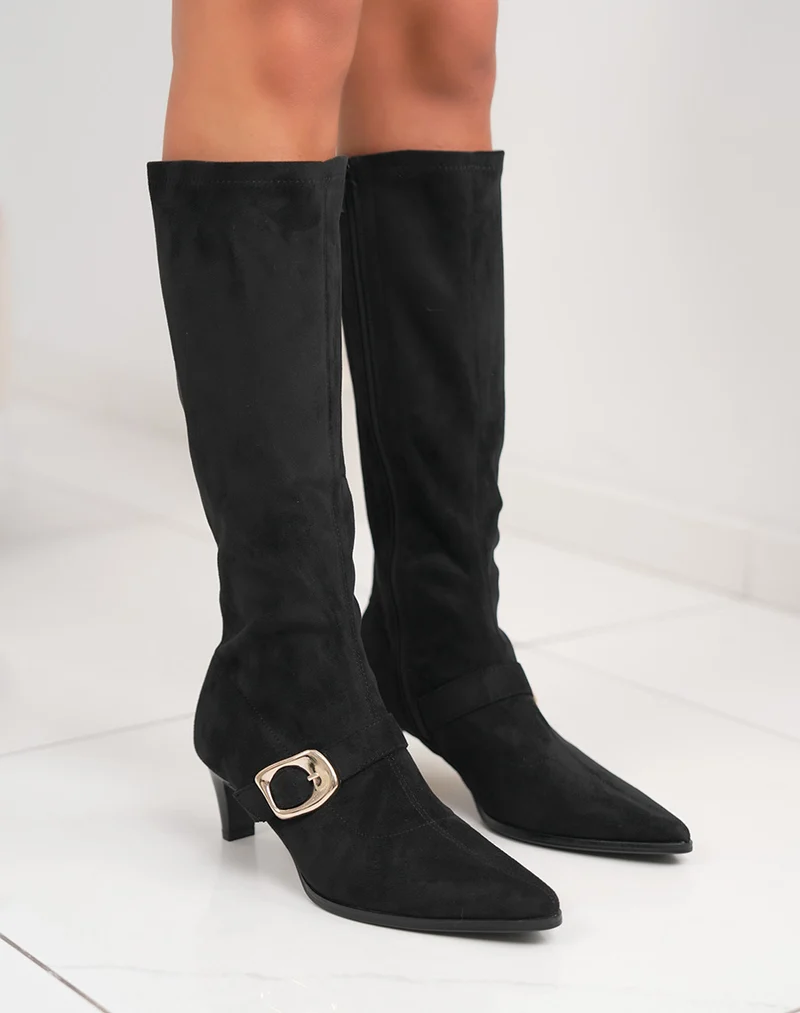 Bottes femme noires en suédine, élégantes à petit talon évasé et boucle dorée