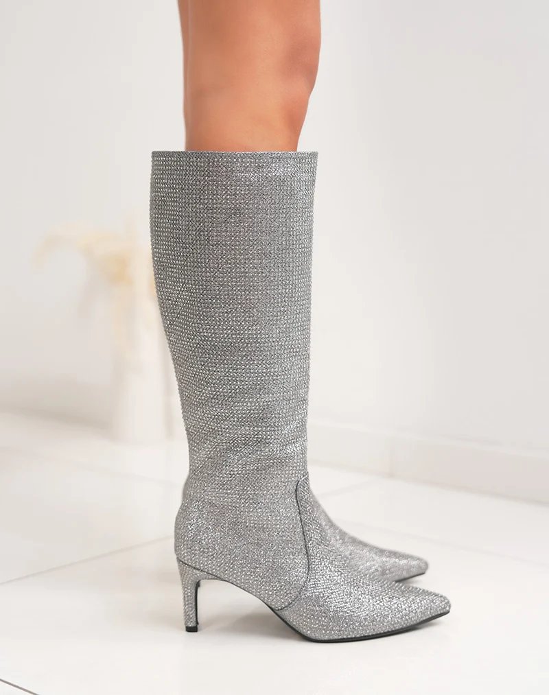 Bottes argentées à strass à bout pointu et talon aiguille