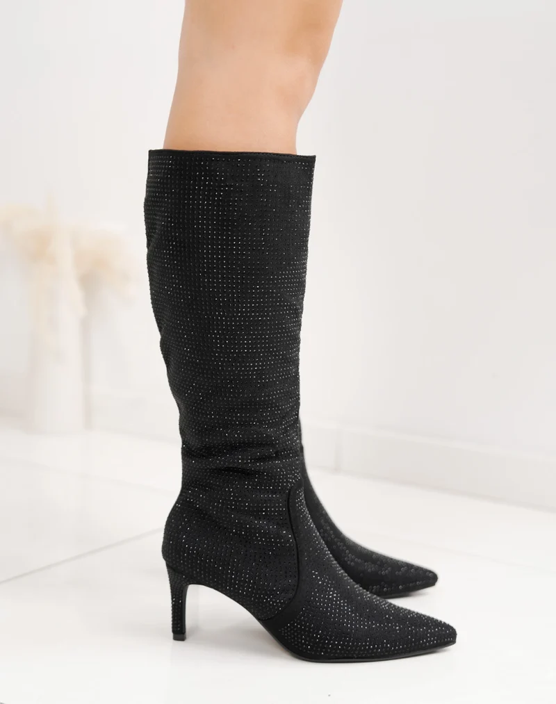 Bottes noires à strass à bout pointu et talon aiguille