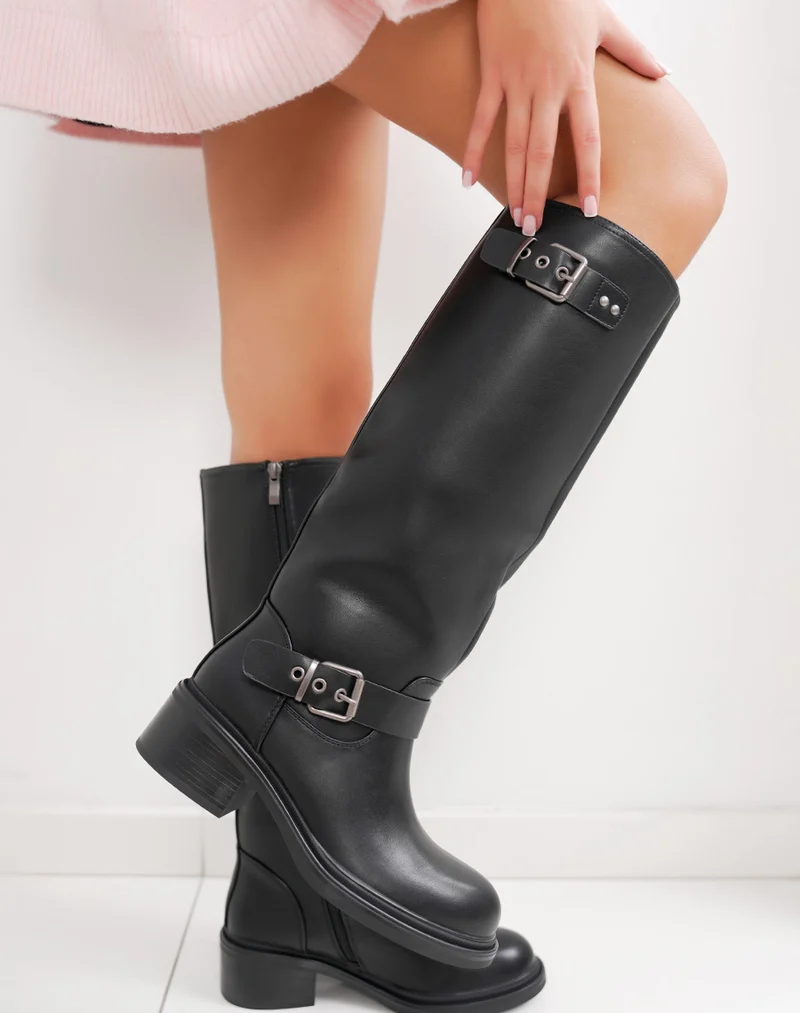 Bottes femme noires cavalières à double boucle et intérieur fourré