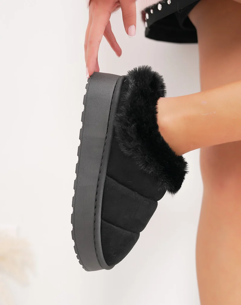 Mules noires à fourrure avec plateforme