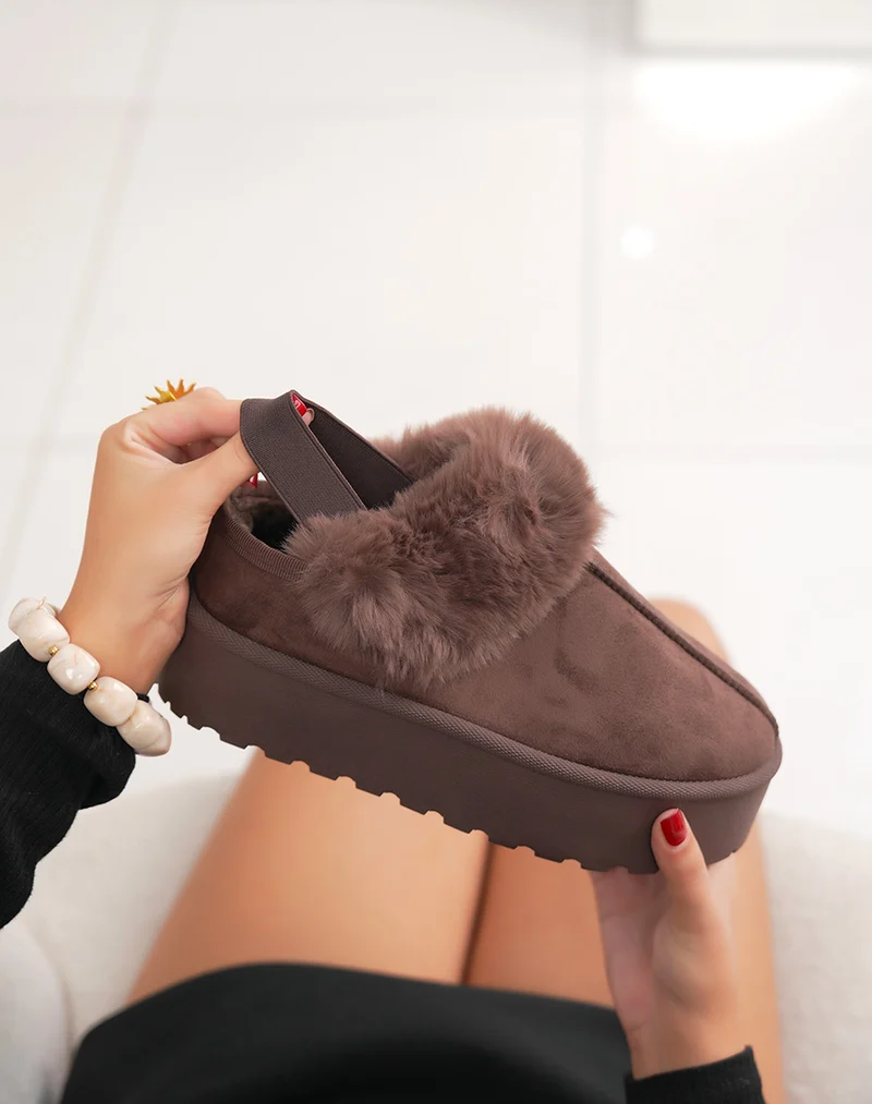Mules femme marron à plateforme épaisse en suédine avec fourrure et élastique de maintien