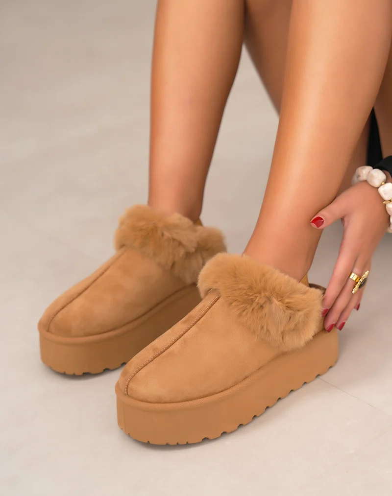 Mules femme camel à plateforme fourrées avec élastique arrière de maintien