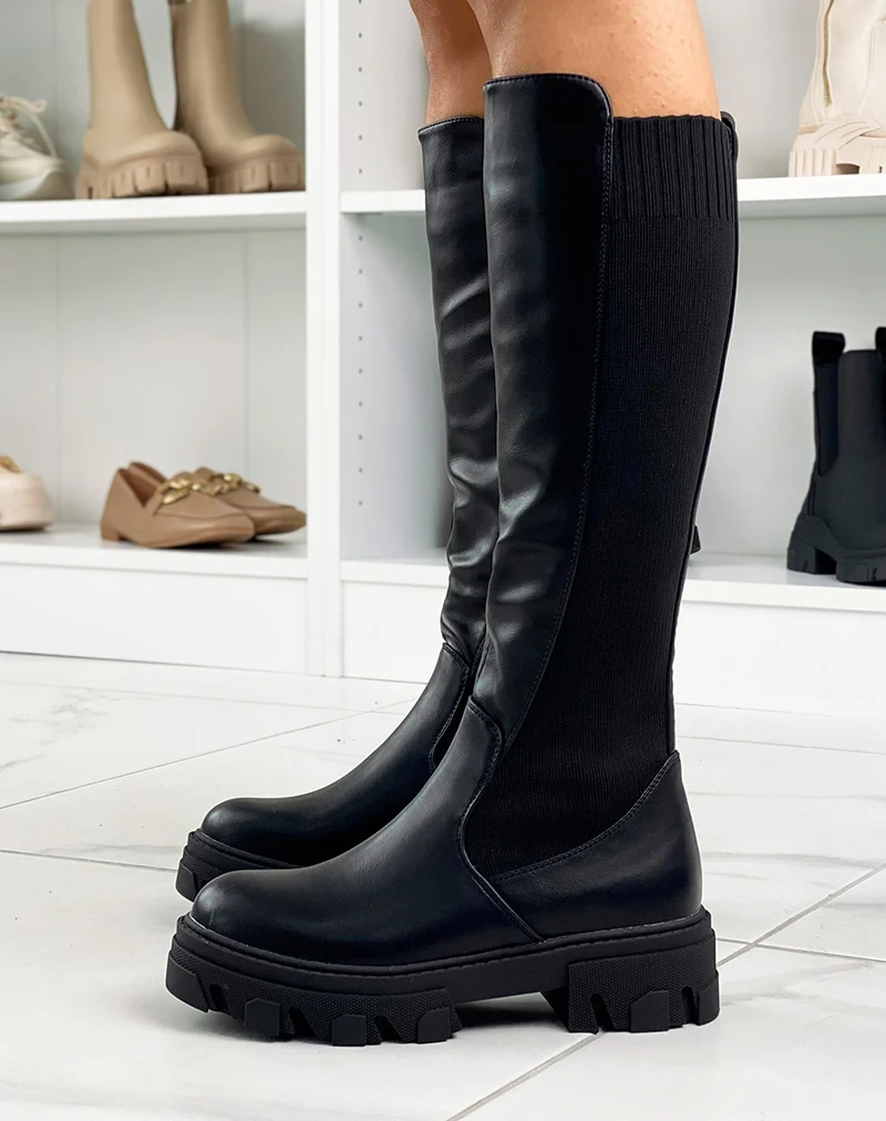 Bottes hautes noires bi-matières