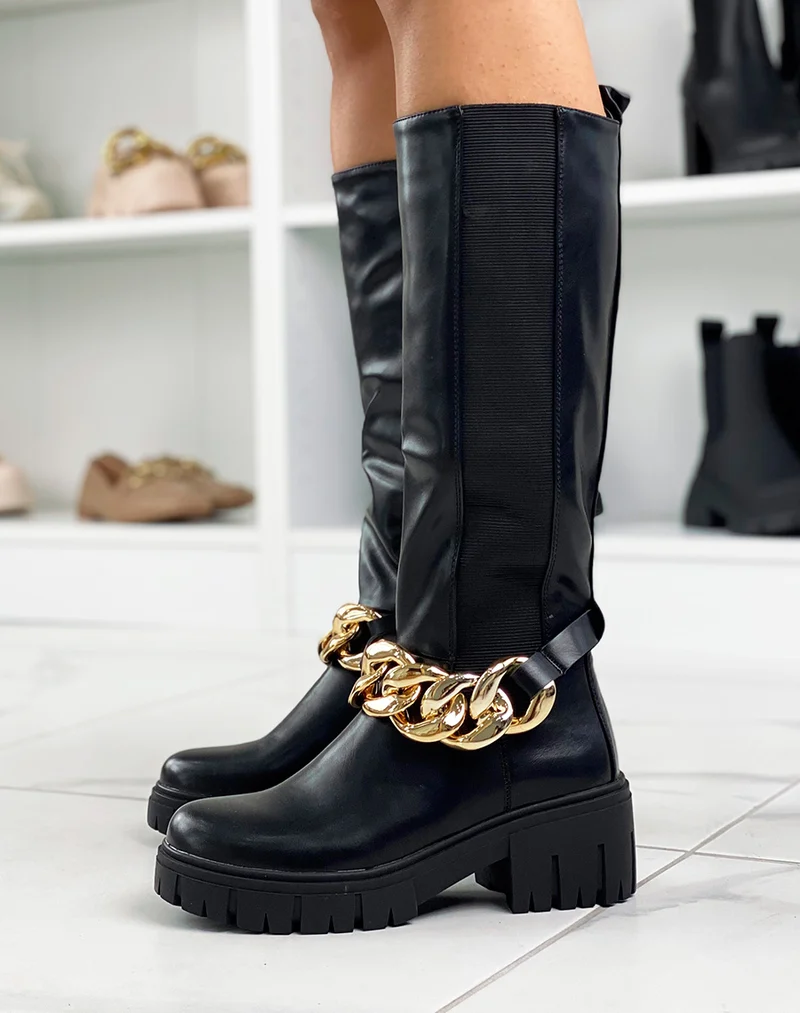 Bottes hautes noires avec élastique et chaine dorée