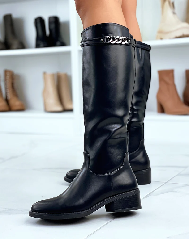 Bottes cavalières noires à détail anthracite