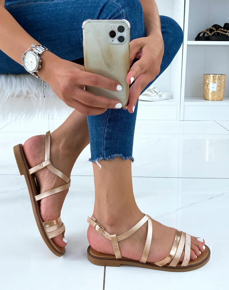 Nu-pieds rose gold à multiples brides et motif animalier