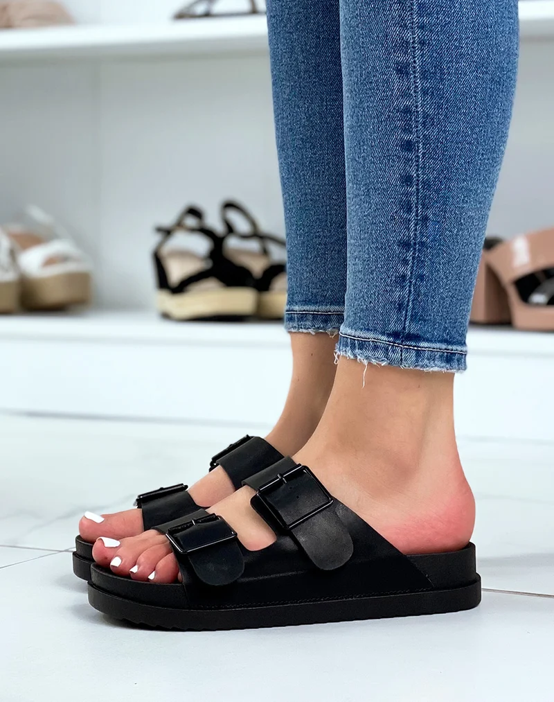 Mules noires à double brides avant