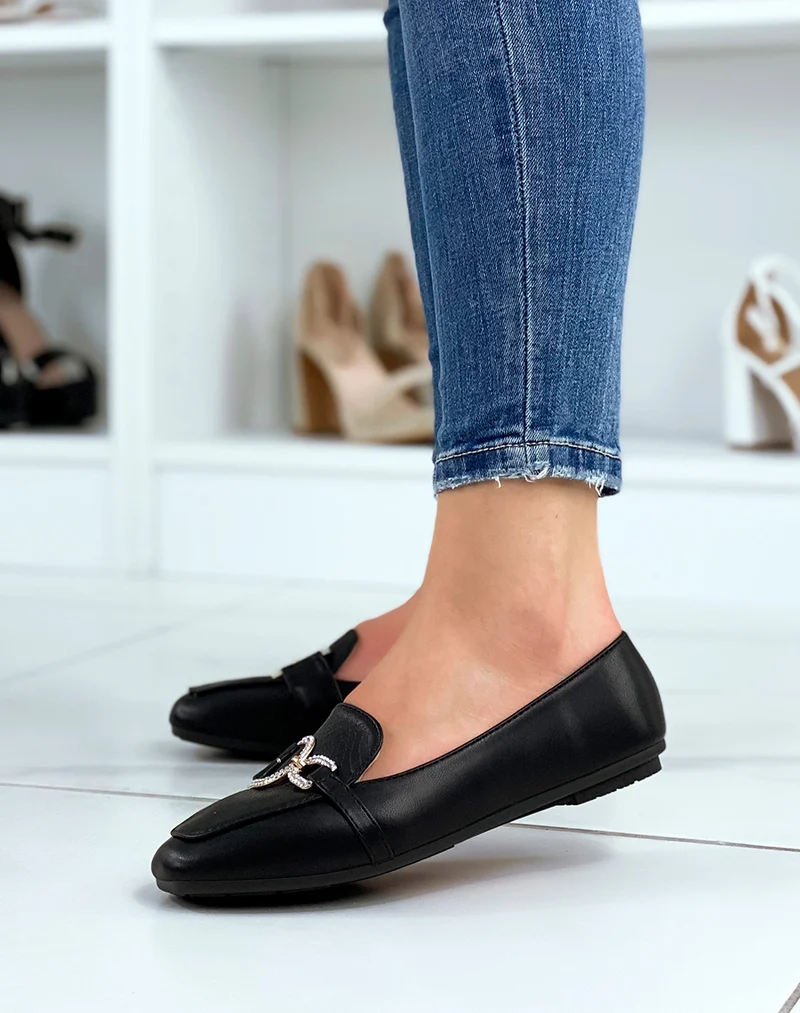 Mocassins noirs à boucles asymétriques dorées à strass