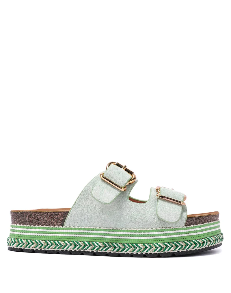 Mules plates vert d?eau ? double bride et semelle azt?que