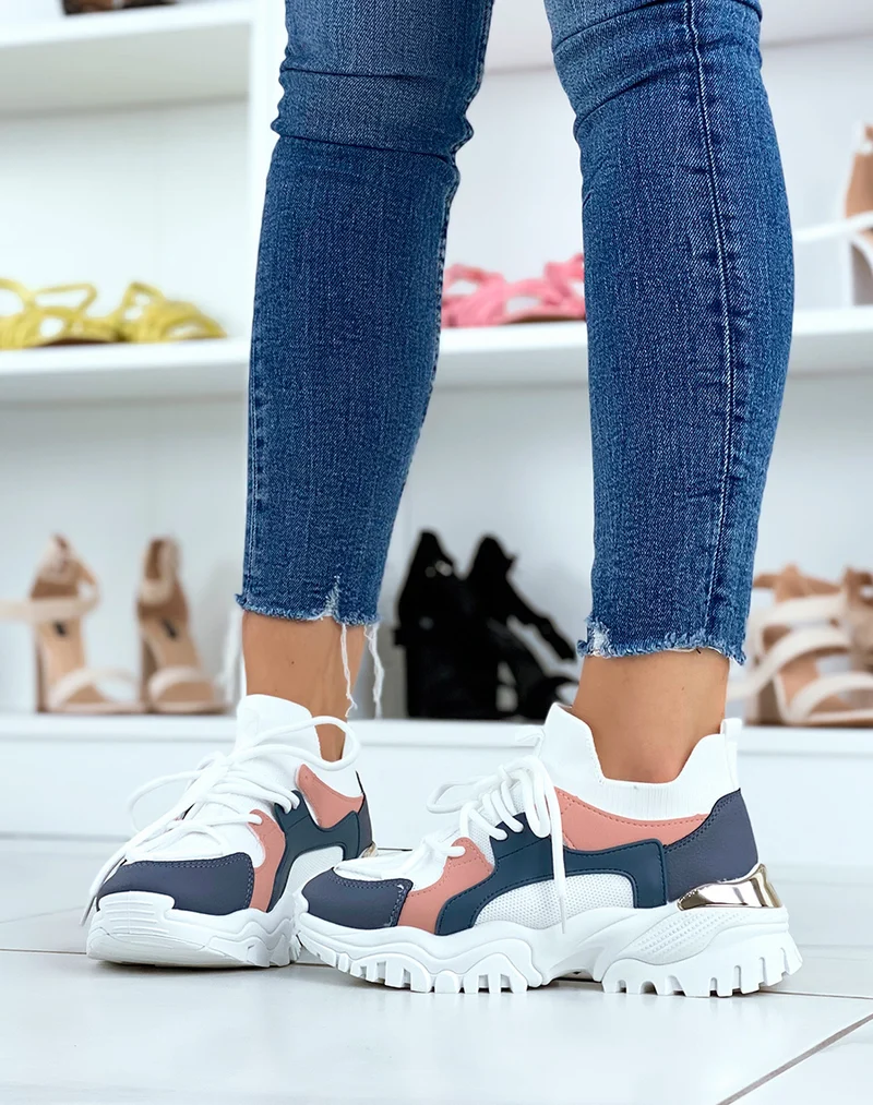 Baskets blanches et bleues effet chaussette