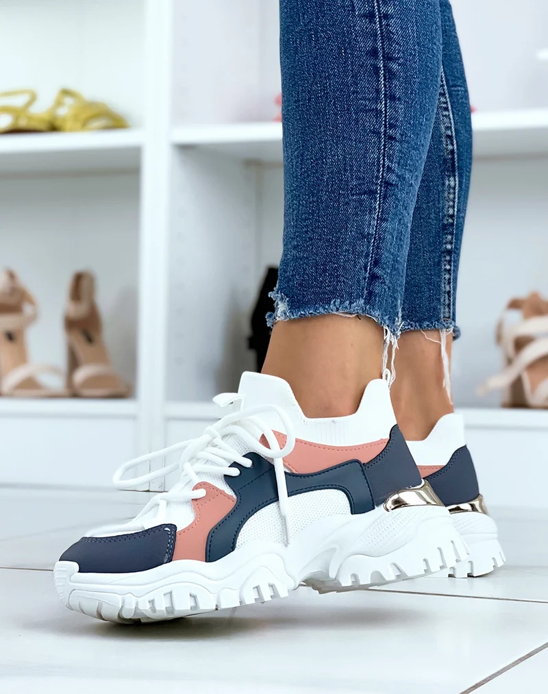 Baskets blanches et bleues effet chaussette