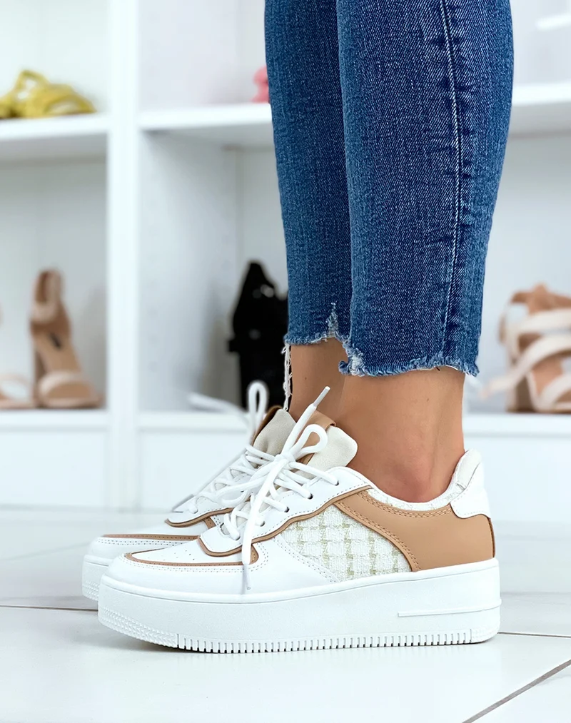 Baskets blanches et beiges effet tweed