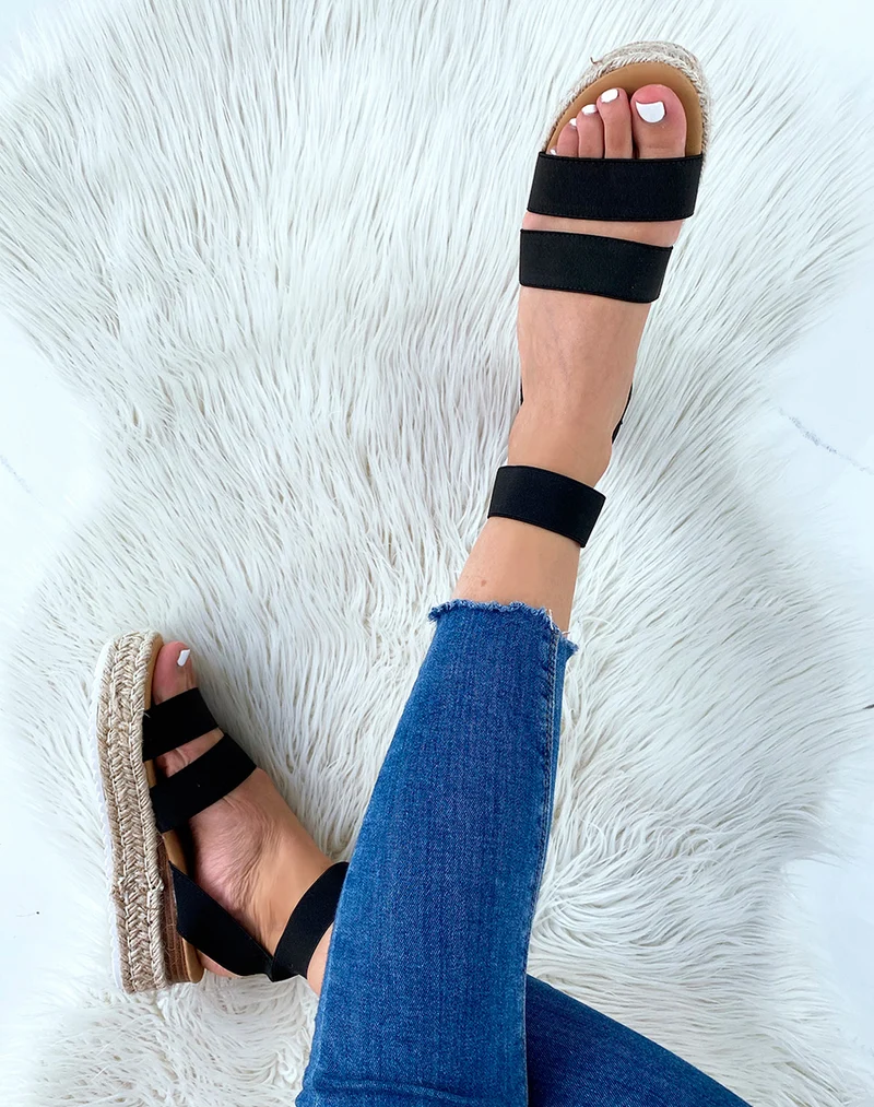 Sandales noires à multiples brides et semelle en jute