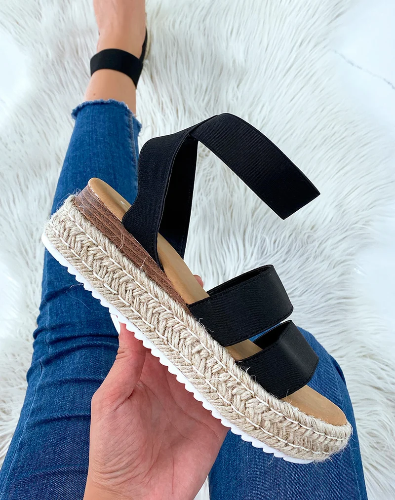 Sandales noires à multiples brides et semelle en jute