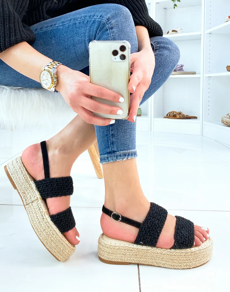 Sandales compensées noires à brides texturées