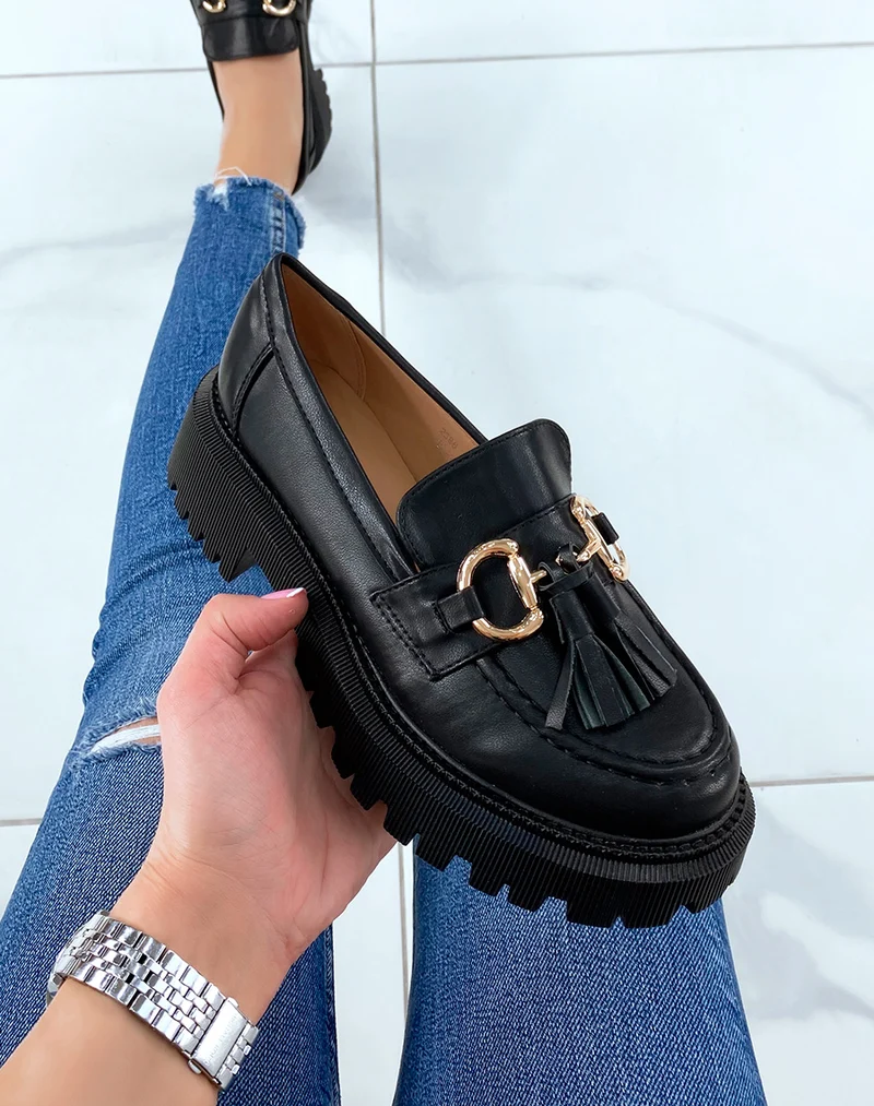 Mocassins noirs à franges et détail doré