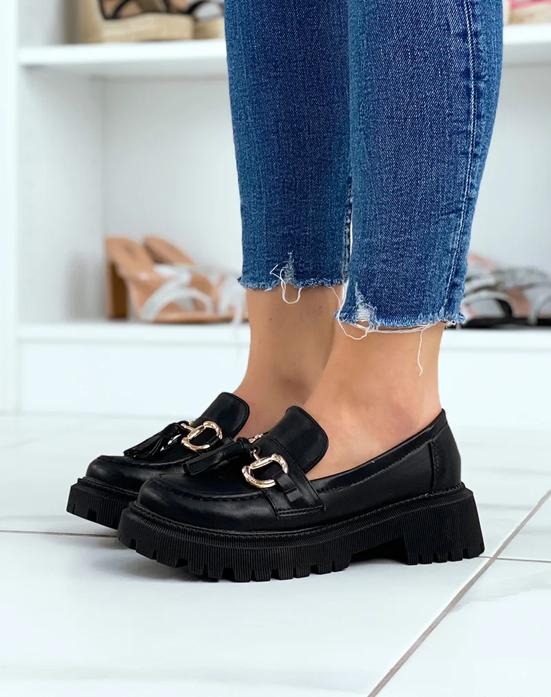Mocassins noirs à franges et détail doré