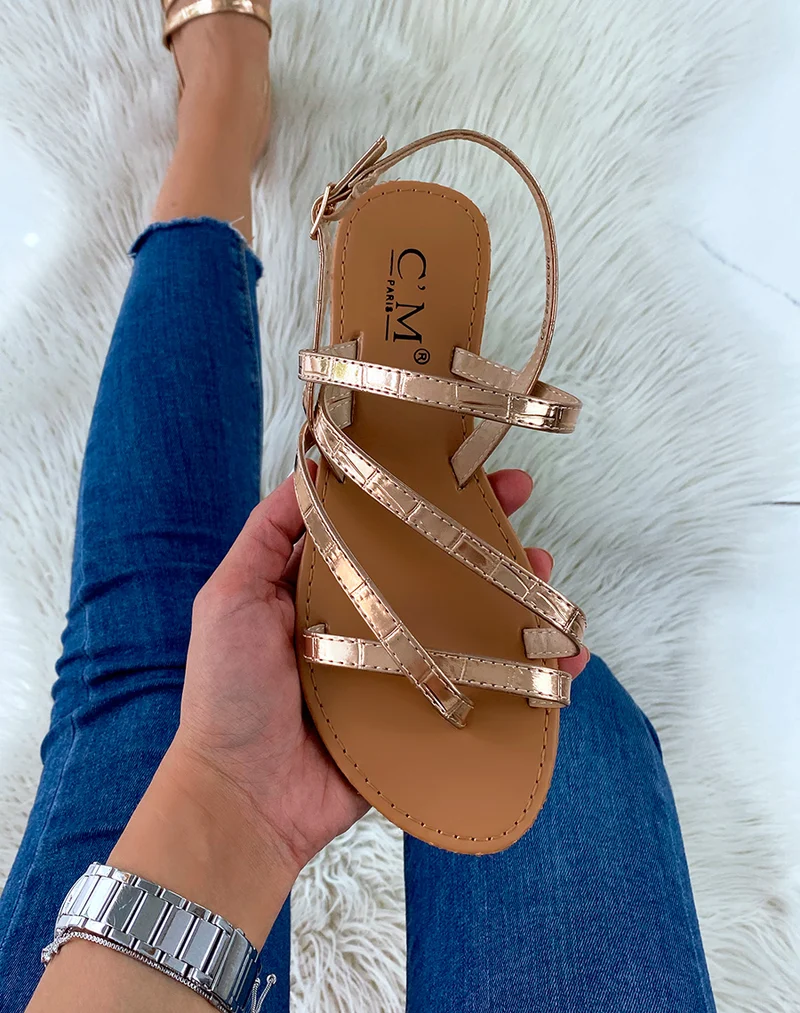 Nu-pieds rose gold effet croco à multiples lanières entrecroisées