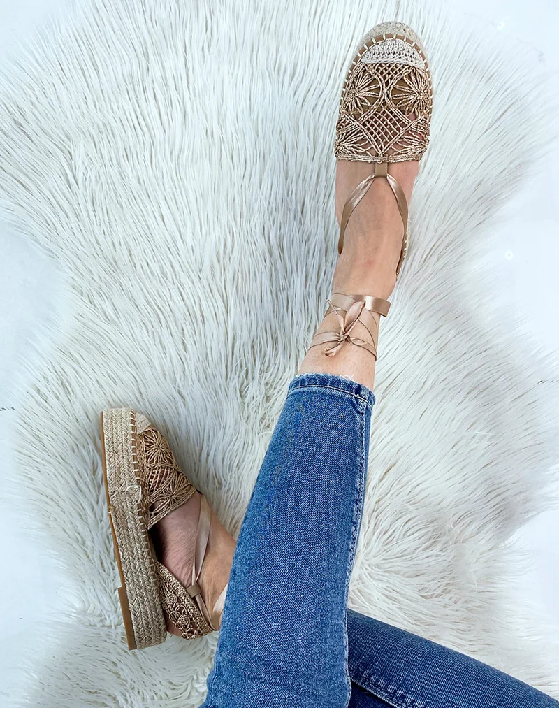 Espadrilles rose gold à talon en jute