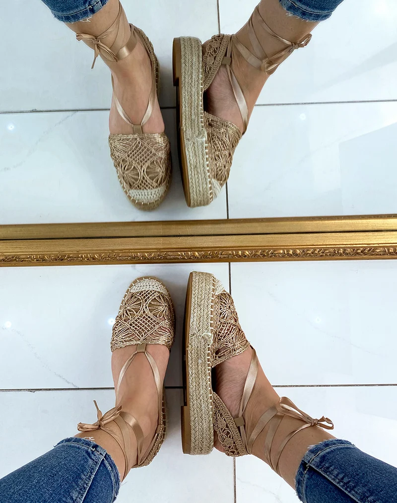 Espadrilles rose gold à talon en jute