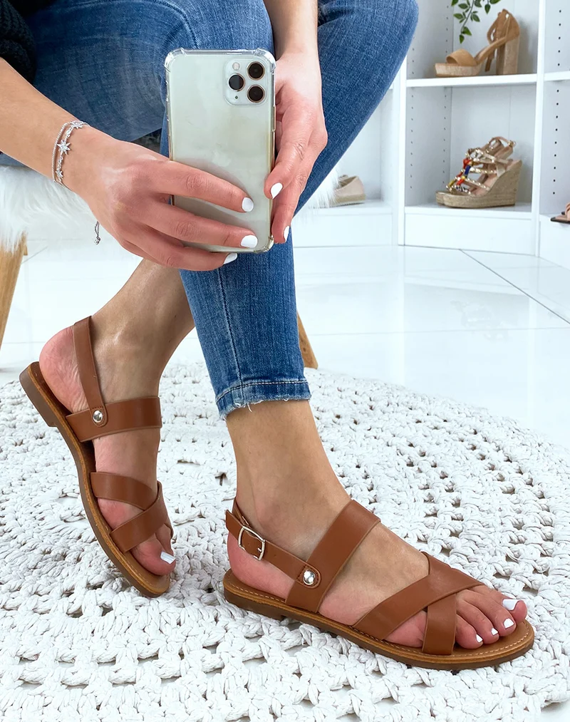 Nu-pieds à lanières épaisses camel