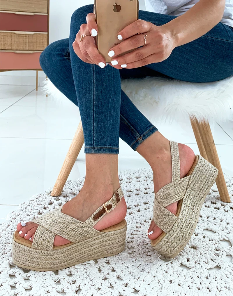 Espadrilles compensées en raphia beige