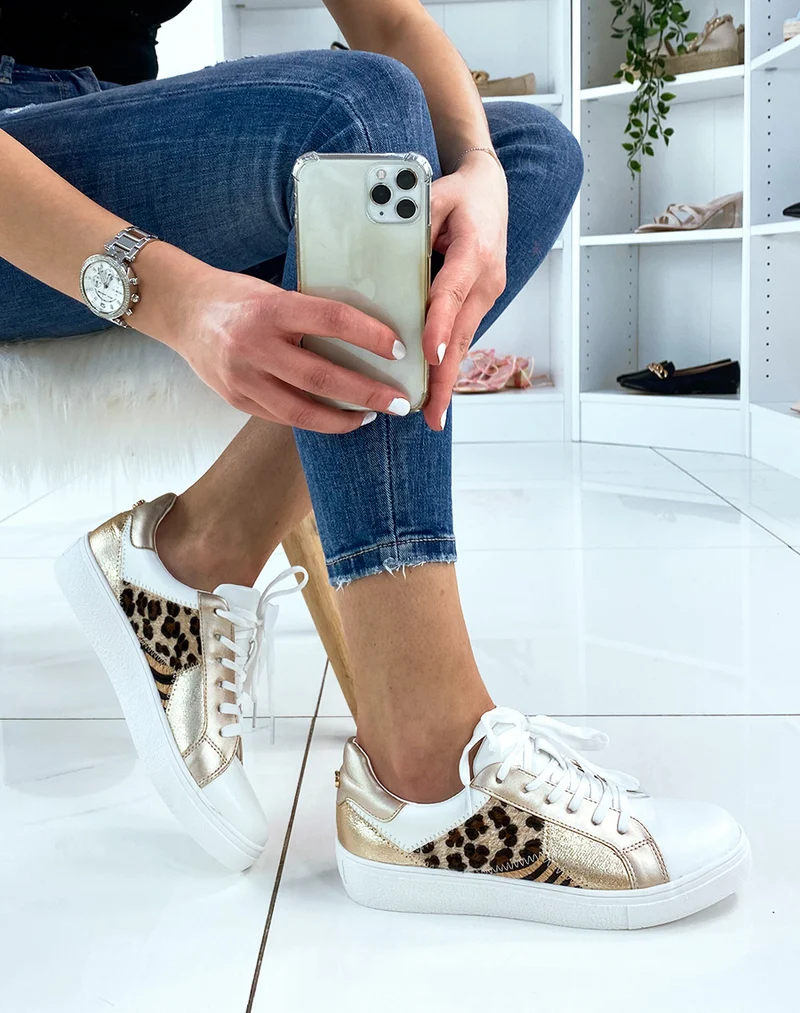 Basket blanche et beige à motifs animaliers