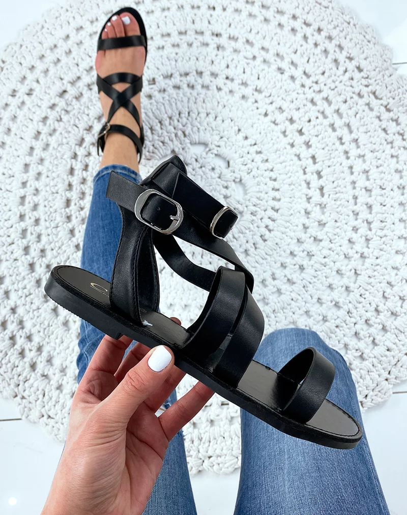 Nu-pieds à multiples sangles en simili cuir noir