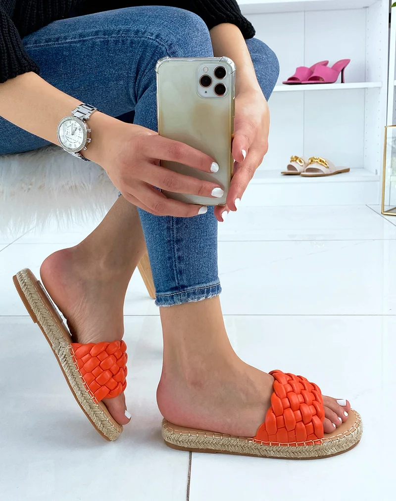 Mules oranges tressées à semelle en jute