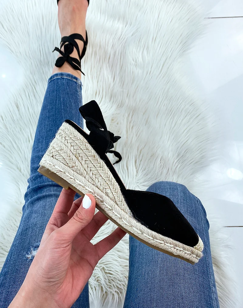 Espadrilles en suédine noire à talon compensé