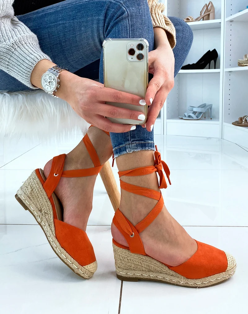 Espadrilles en suédine orange à talon compensé