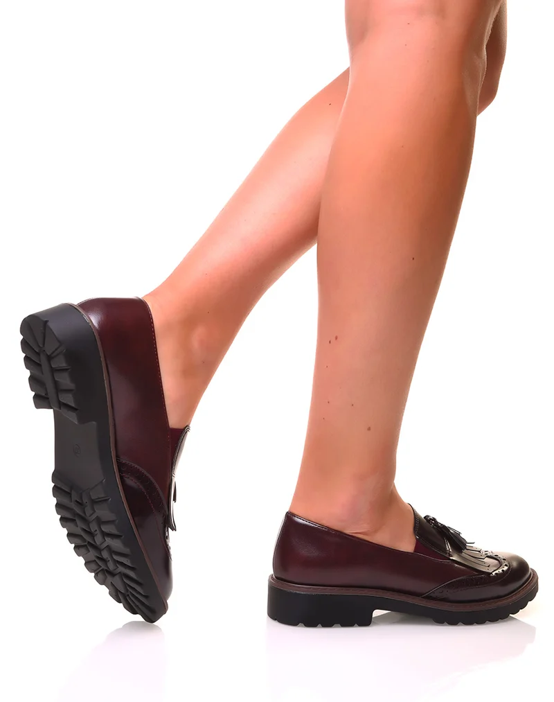 Mocassins bordeaux bi-matières à franges avec un pompom