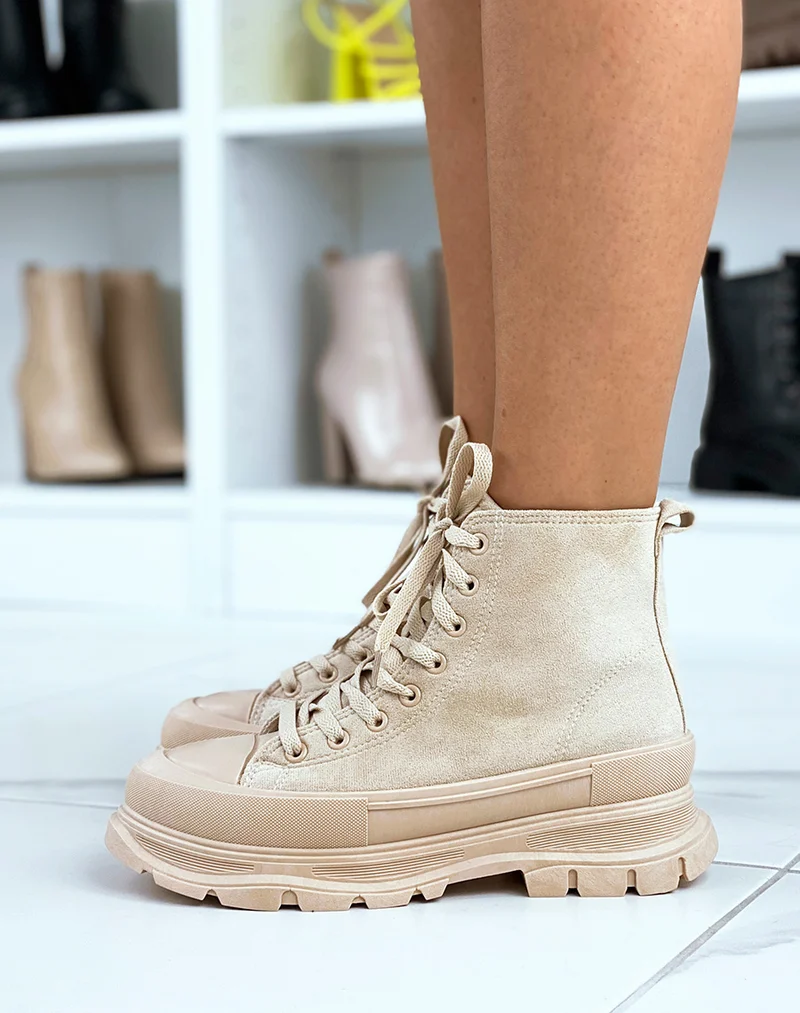 Baskets montantes en suédine beige à semelle XXL
