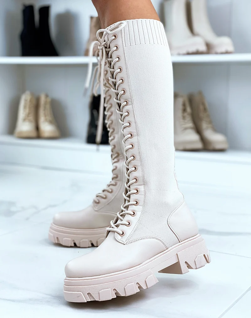 Bottes beiges bi-matières lacées à semelle crantée