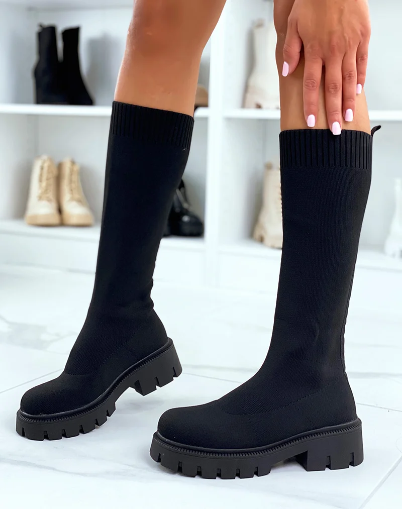 Bottes noires effet chaussette à semelle crantée et talonnée