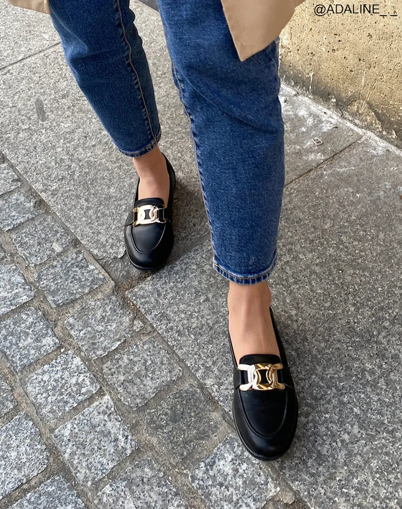 Mocassins noirs plats à chaîne dorée