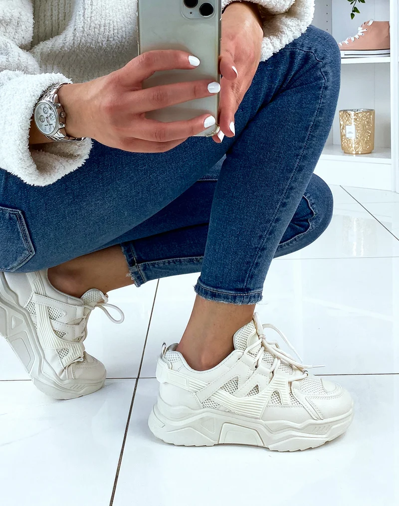 Baskets beiges bi-matière à plateforme XXL