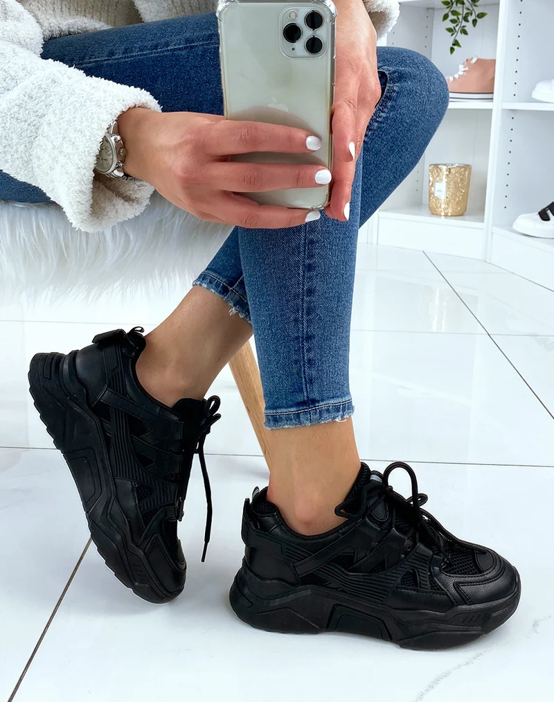 Baskets noires bi-matières à plateforme XXL