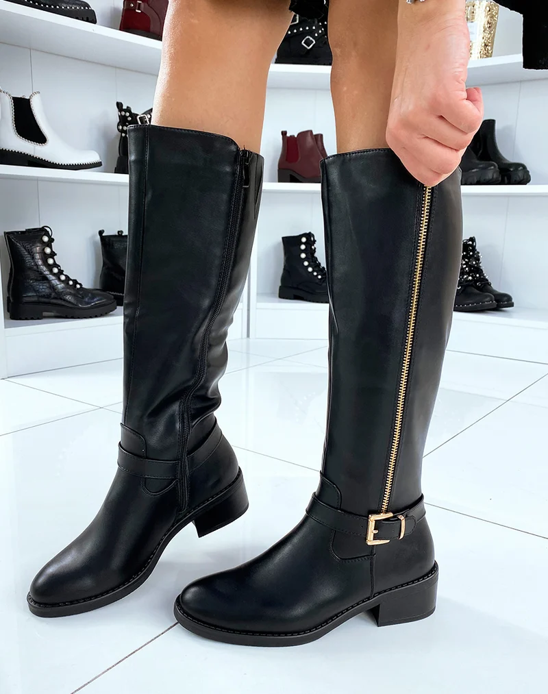 Bottes hautes noires en simili cuir à doubles fermeture