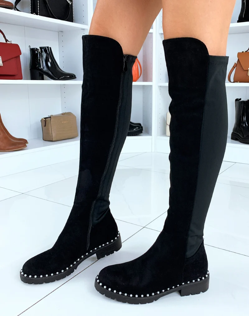 Cuissardes noires bi-matières à perles