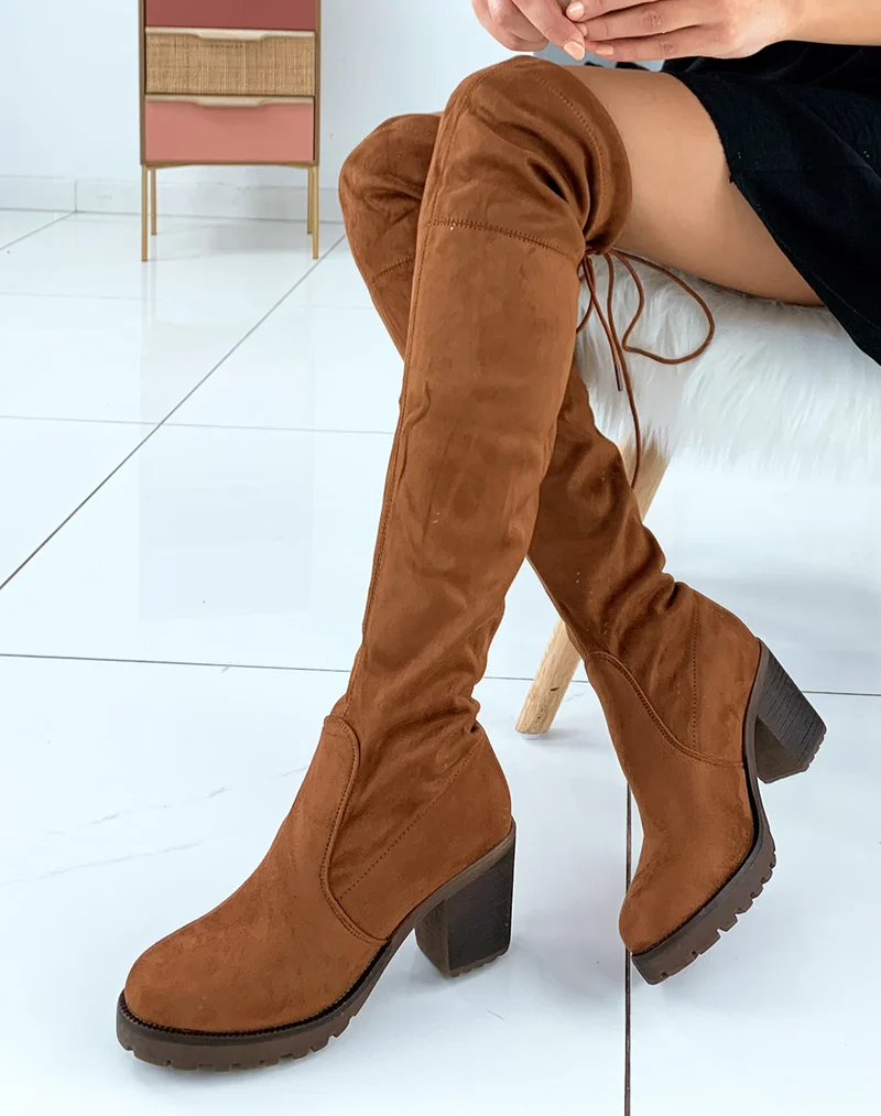Cuissardes en suédine camel à talon
