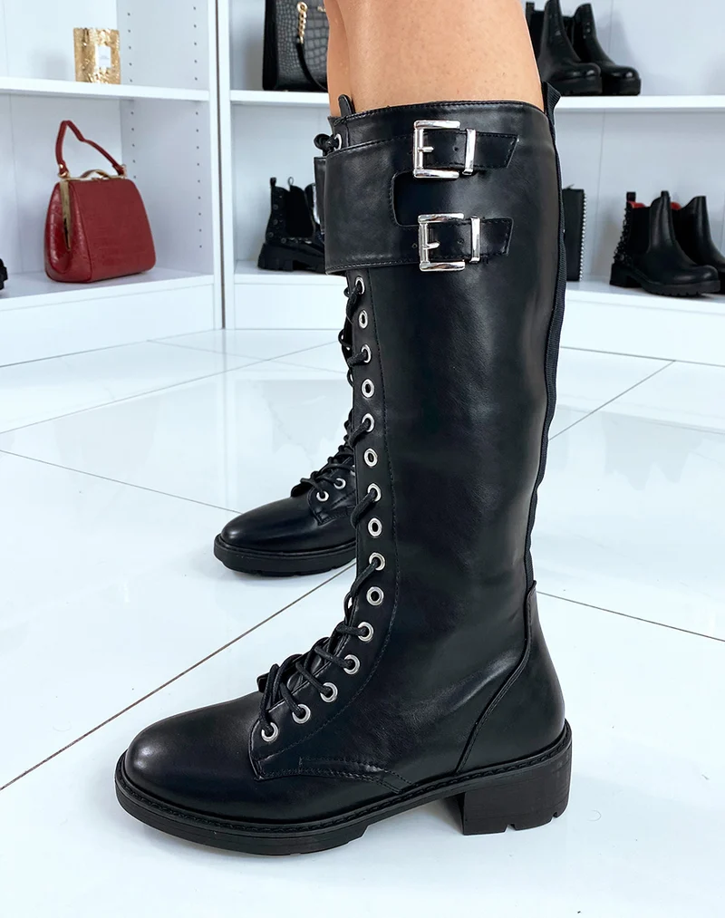 Bottes noires à lacets en similicuir