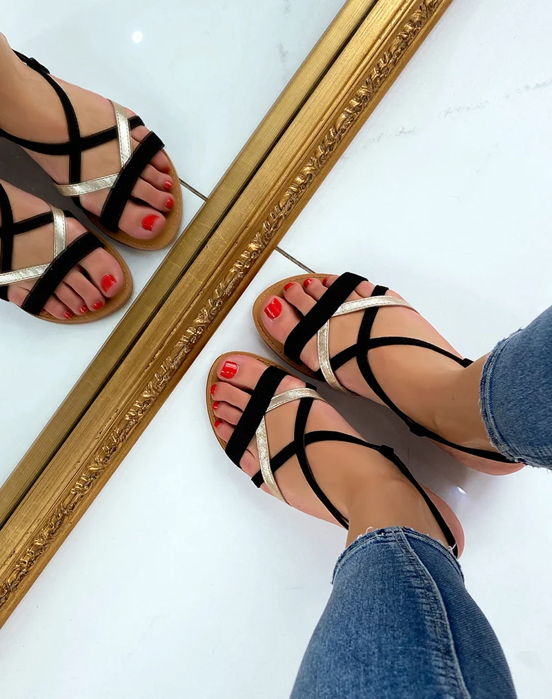 Nu-pieds noirs à multiples brides bi-colore