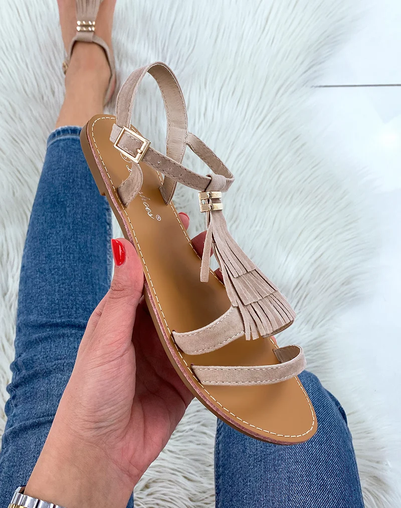 Nu-pieds en suédine beige à franges et détail doré