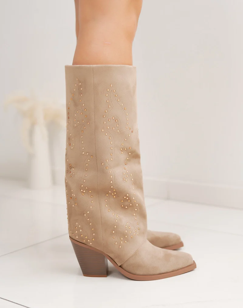 Bottes femme taupe style santiags en suédine avec brillants dorés