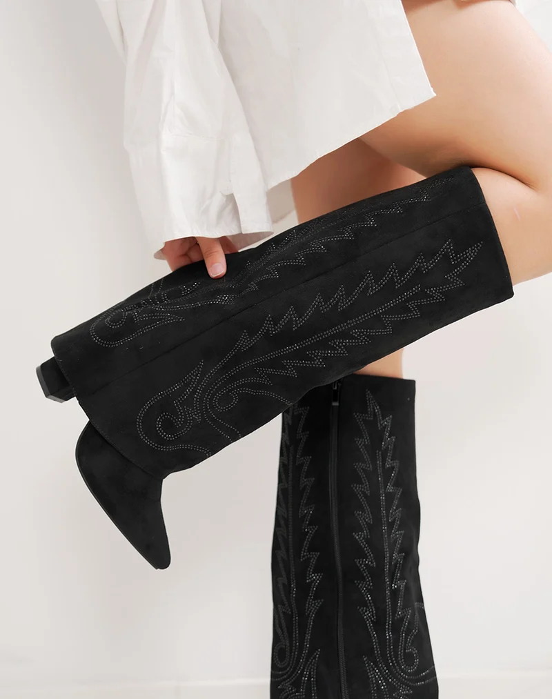 Bottes femme noires style santiags à strass élégantes et bout pointu
