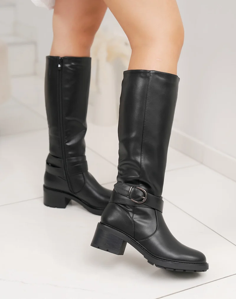 Bottes femme noires à petit talon avec boucle brillante élégante