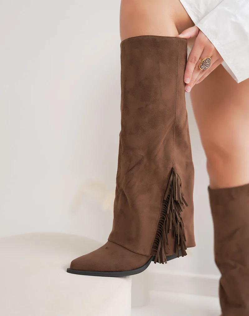 Bottes femme marron en suédine à franges et talon carré 6cm